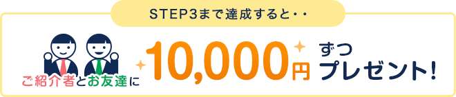 STEP3まで達成するとご紹介者とお友達に10,000円ずつプレゼント！