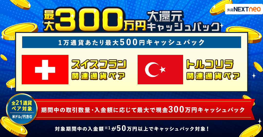 期間中の取引数量・入金額に応じて最大で現金300万円キャッシュバック！