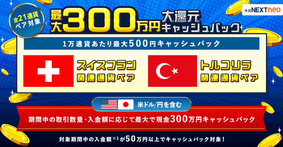 期間中の取引数量・入金額に応じて最大で現金300万円キャッシュバック！