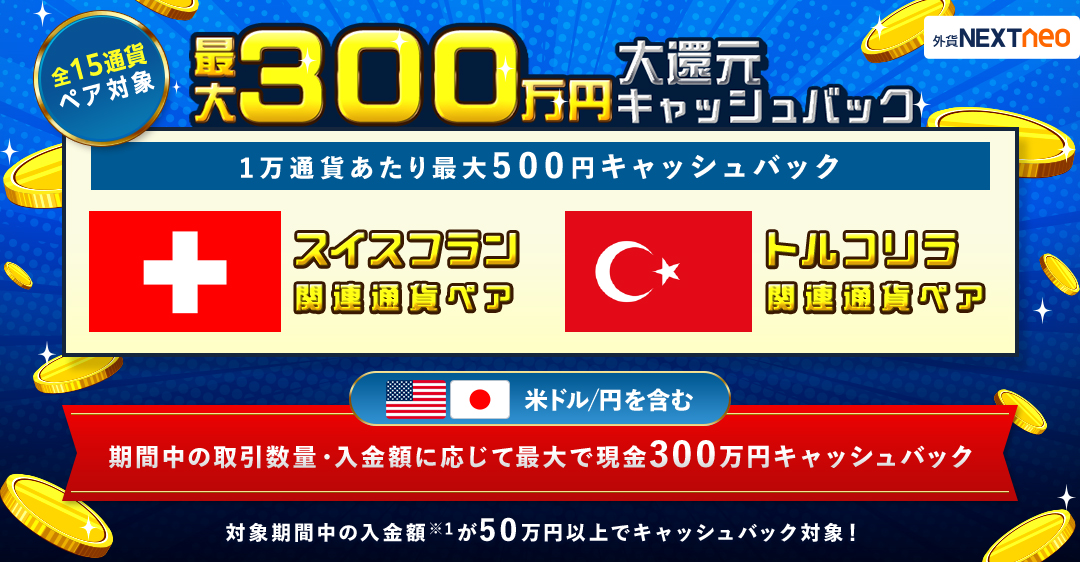 期間中の取引数量・入金額に応じて最大で現金300万円キャッシュバック！