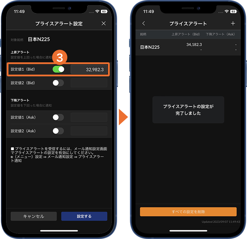 プライスアラート設定