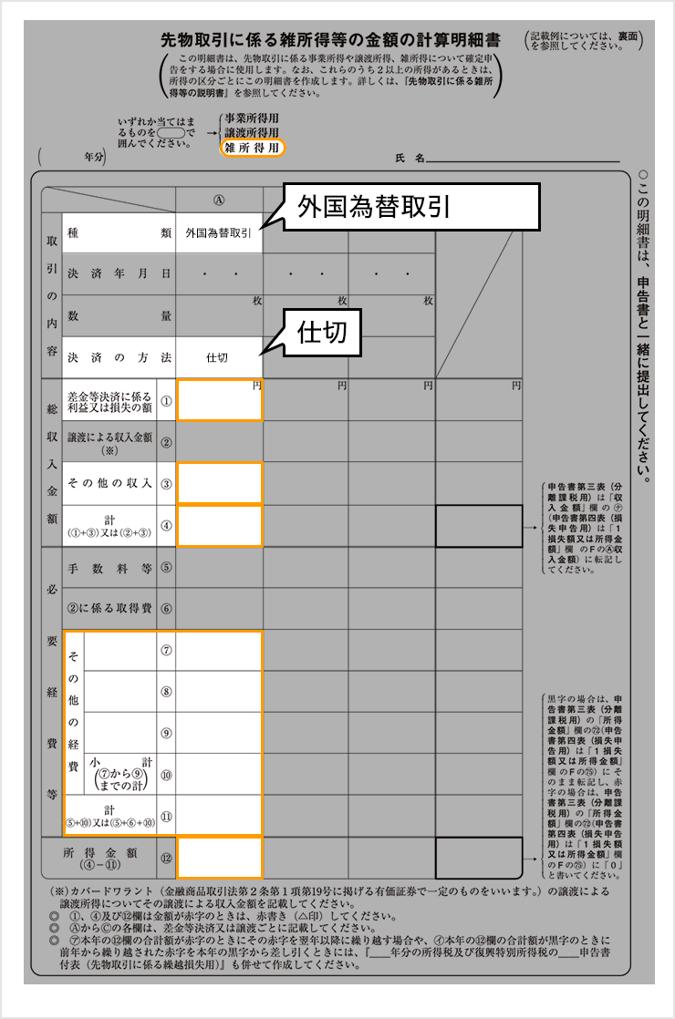 先物取引に係る雑所得等の金額の計算明細書