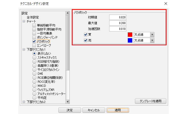 パラボリックのパラメーター設定値のイメージ画像