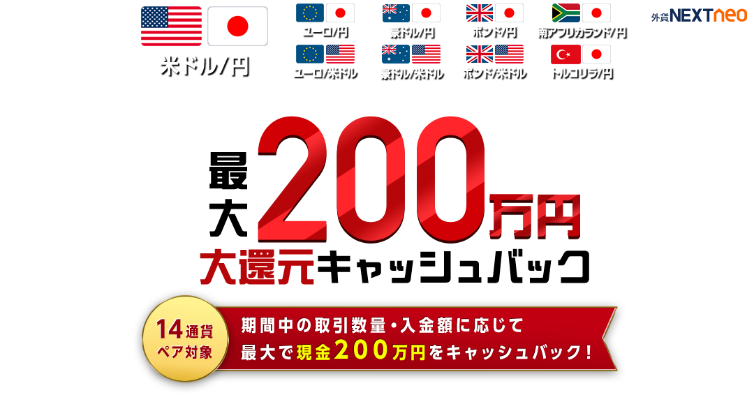 取引数量・入金額に応じて最大200万円!大還元キャッシュバックキャンペーン