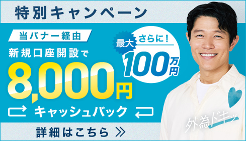 口座開設キャッシュバックキャンペーン！このバナーからの口座開設とお取引で最大100万8千円をキャッシュバック！。